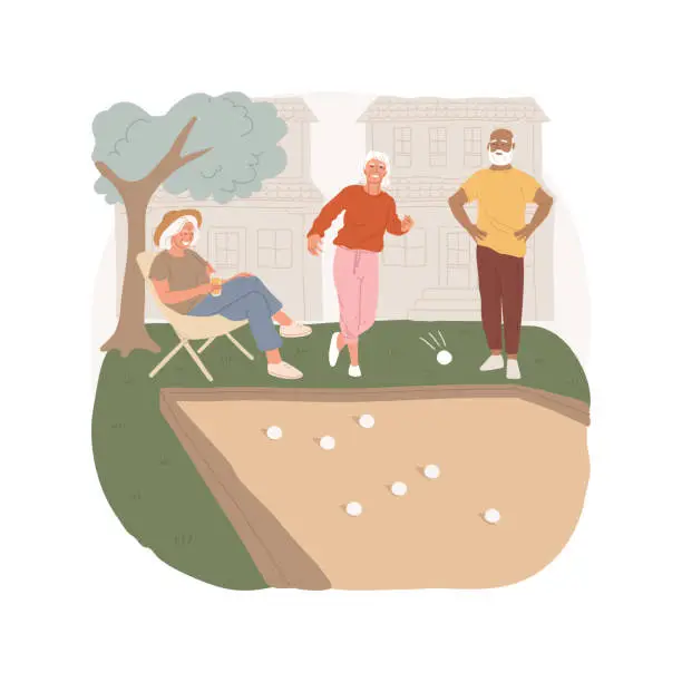 Illustration vectorielle de trois personnages jouant à la pétanque sur un boulodrome.