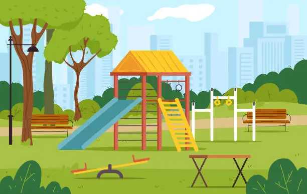 Illustration vectorielle d'un parc pour enfants avec des infrastructures ludiques.